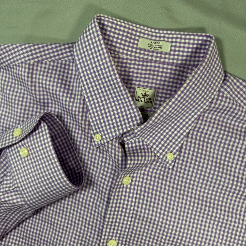 Peter Millar Nanoluxe Easycare Purple Gingham Button Down Shirt Mens L Preppy